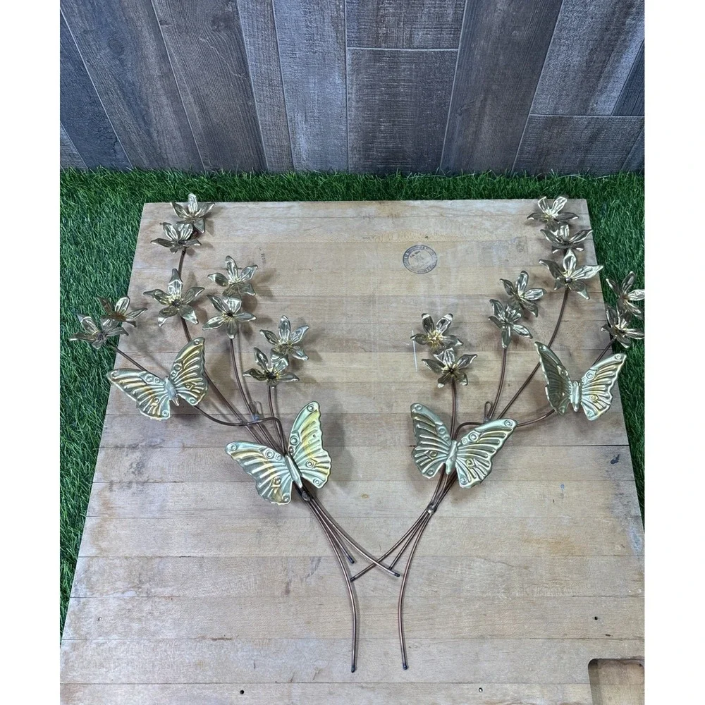 Retro MCM Metal Brass Butterfly Flower Leaves Wall Hanging Art Decor Set Of 2